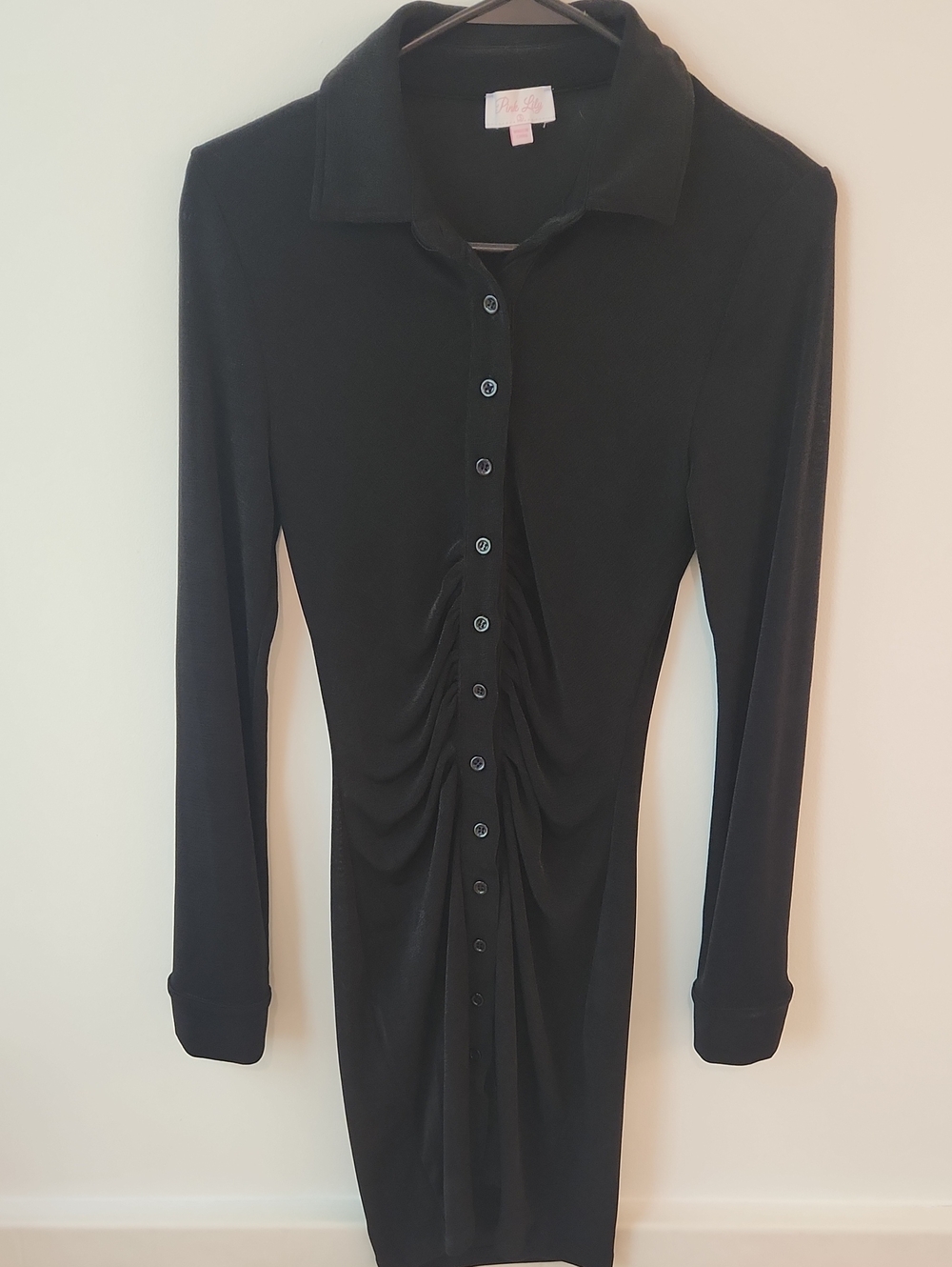 Pink Lily Black Ruched Button-Front Long Sleeve Shirt Dress